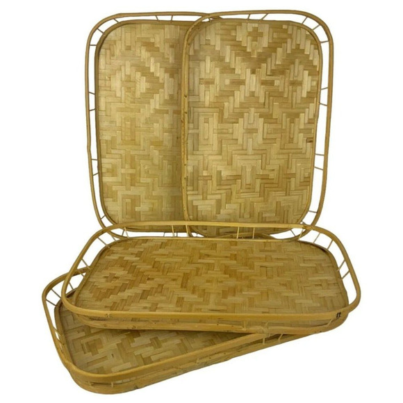Vintage Woven Rattan Wicker Serving Trays Set Tiki Bar 19x13 Mid Century Boho - Picture 2 of 4